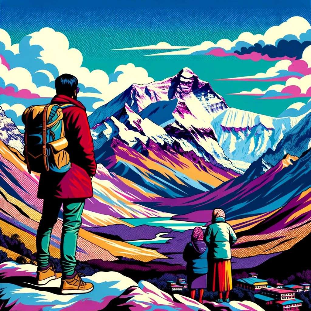 someone gazing at Mount Everest, pop art